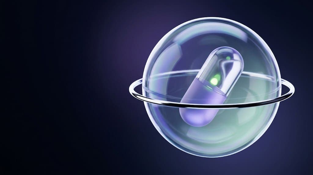 Glass medical capsule inside a protective glass sphere with a chrome ring, symbolizing compliance-first healthcare software