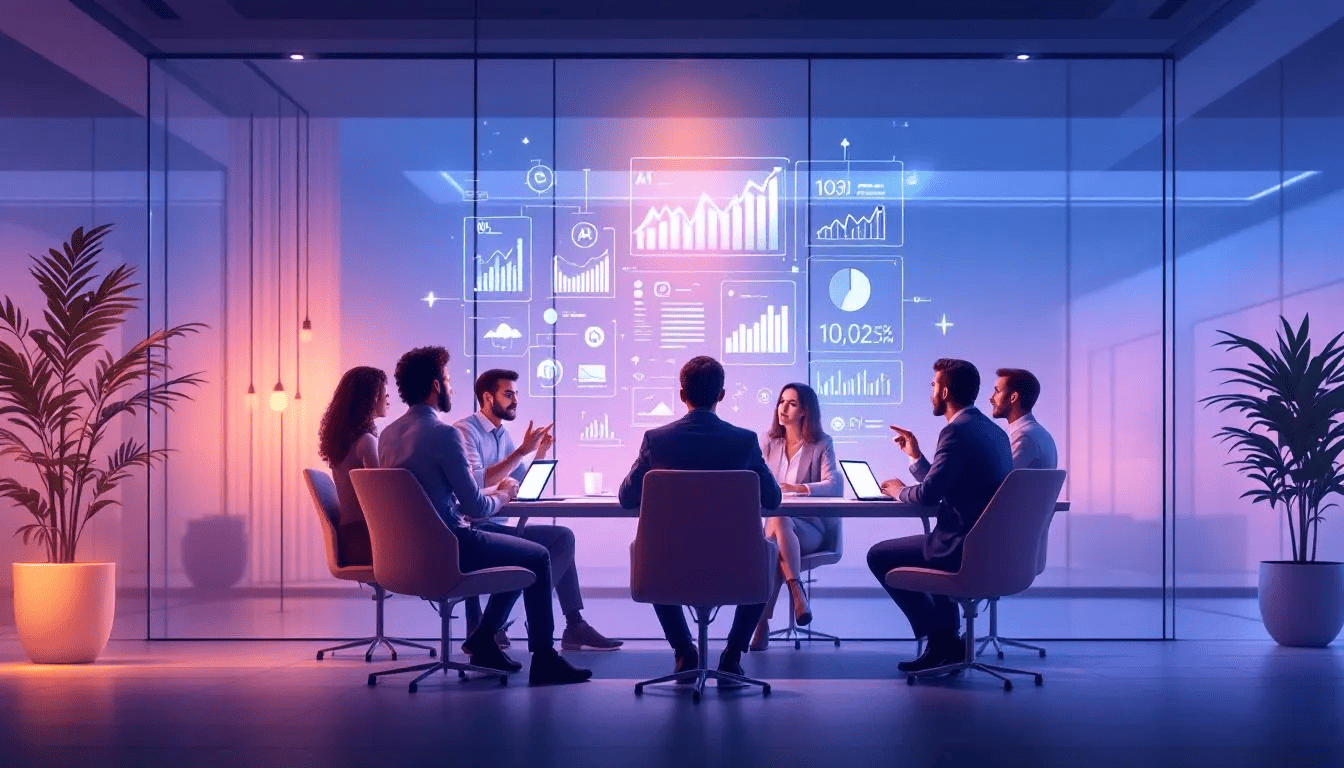 A conceptual image depicting challenges in AI adoption for self storage operators, featuring a thoughtful team discussion.