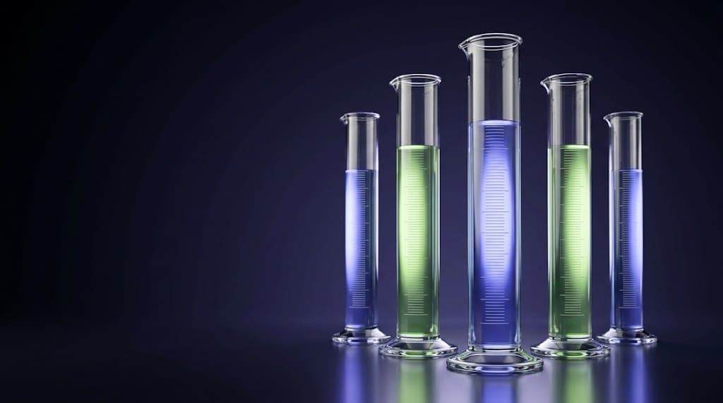 Five glass measuring cylinders filled with violet and green liquid to different levels, symbolizing measurable project outcomes