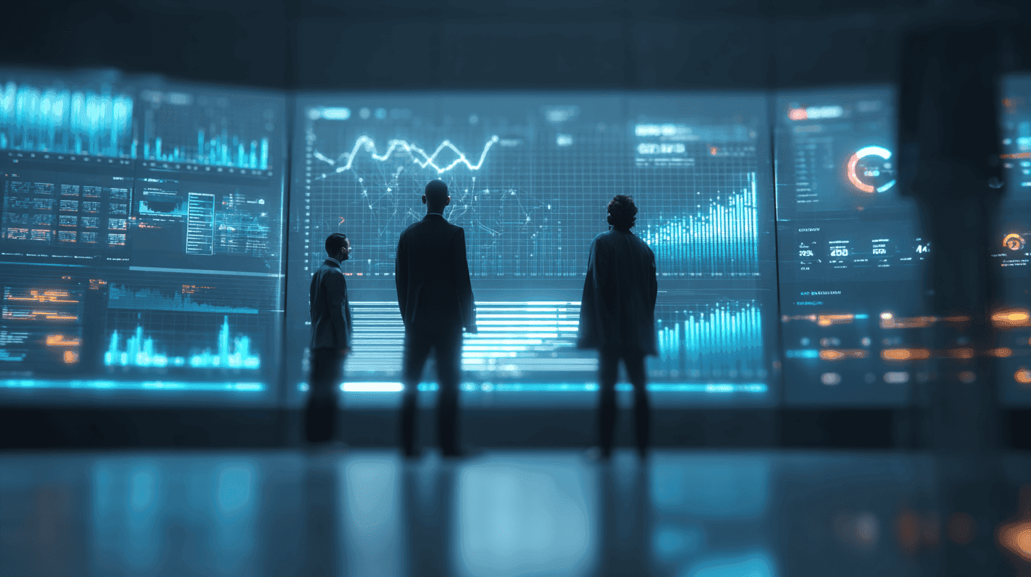 A business analyst reviewing an AI agents ROI dashboard showing cost-per-contact reduction, automation rates, CSAT scores, and 12-month financial impact across customer service and sales functions