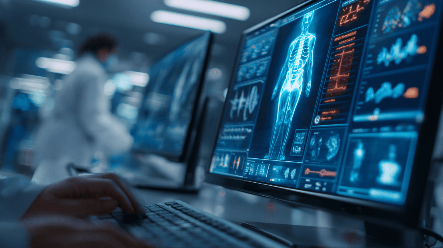 Doctor using a tablet with digital health data and analytics on screen, representing modern healthtech software solutions.