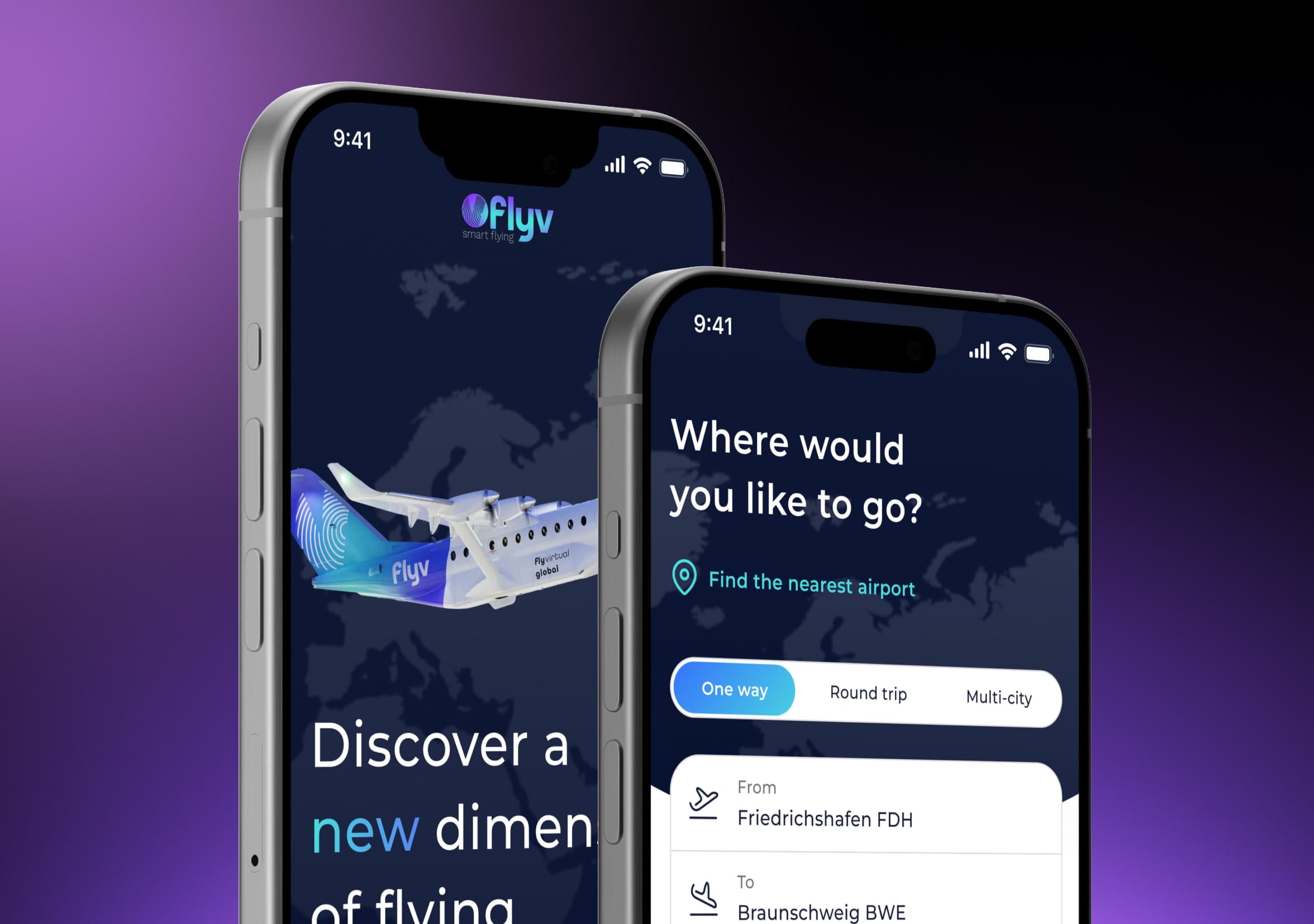 Flyv travel planning app displayed on two smartphones with gradient background.