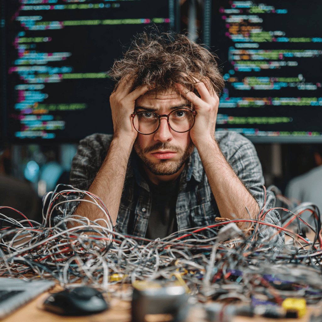 Frustrated developer surrounded by tangled cables and code errors, symbolizing the challenges of in-house Mapbox implementation.
