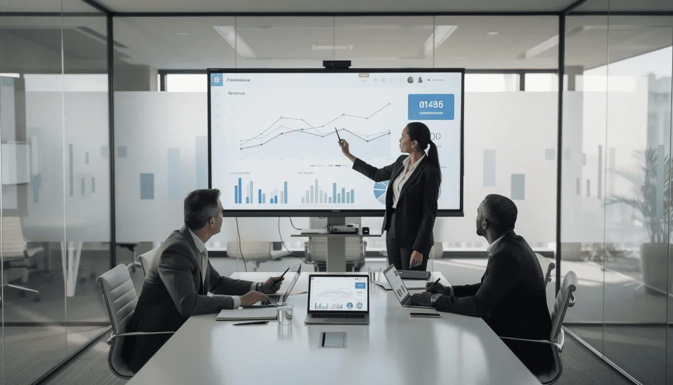 A diverse business team is collaboratively reviewing an analytics dashboard displayed on a large screen, featuring various charts and metrics that provide real-time information about their operations. This scene highlights their commitment to using integrated software solutions to improve profitability and efficiency within the agribusiness industry.