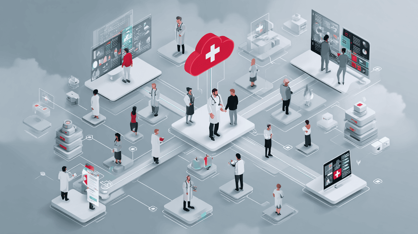 A conceptual illustration of digital health technology connecting patients, doctors, and data through digital platforms.