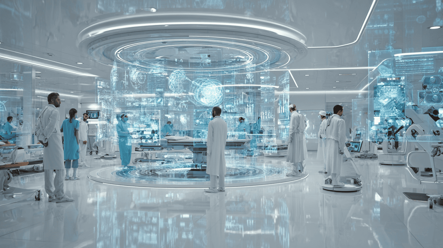 Medical team analyzing patient information with artificial intelligence tools in a futuristic clinic environment.