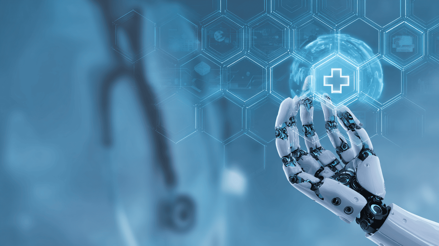 Doctor using AI technology and holographic medical data in a modern hospital, representing healthcare innovation and digital transformation.