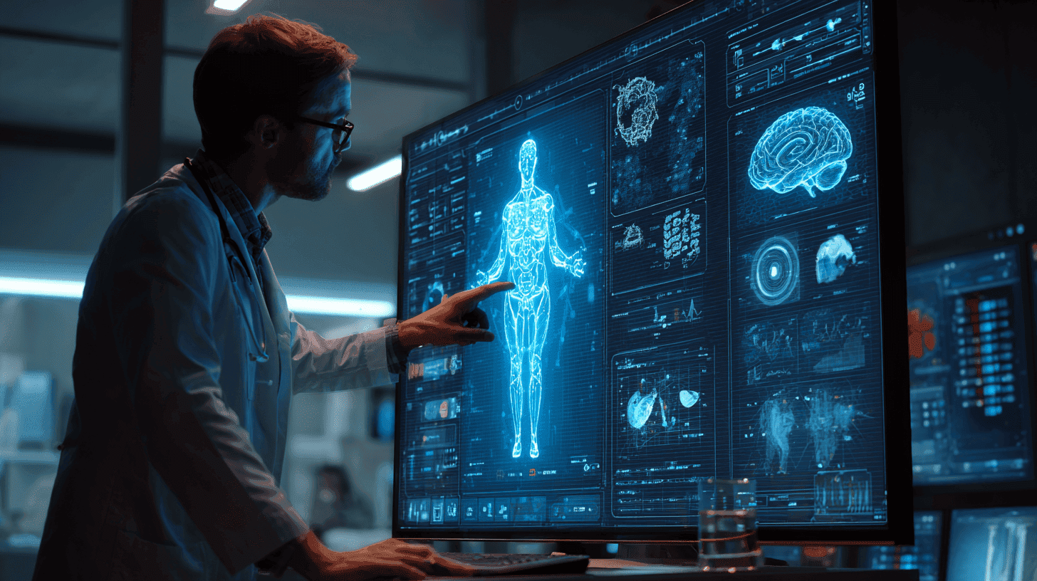 Developer building secure healthtech software interface with AI and medical data on screen
