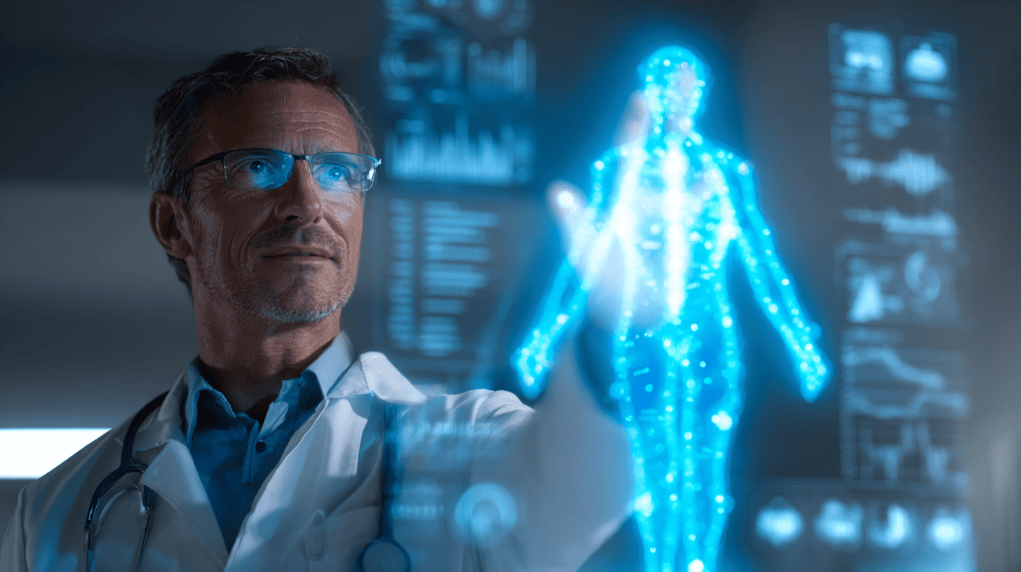 Doctor viewing transparent digital screen with AI-generated patient data, illustrating how healthtech is transforming modern medicine.