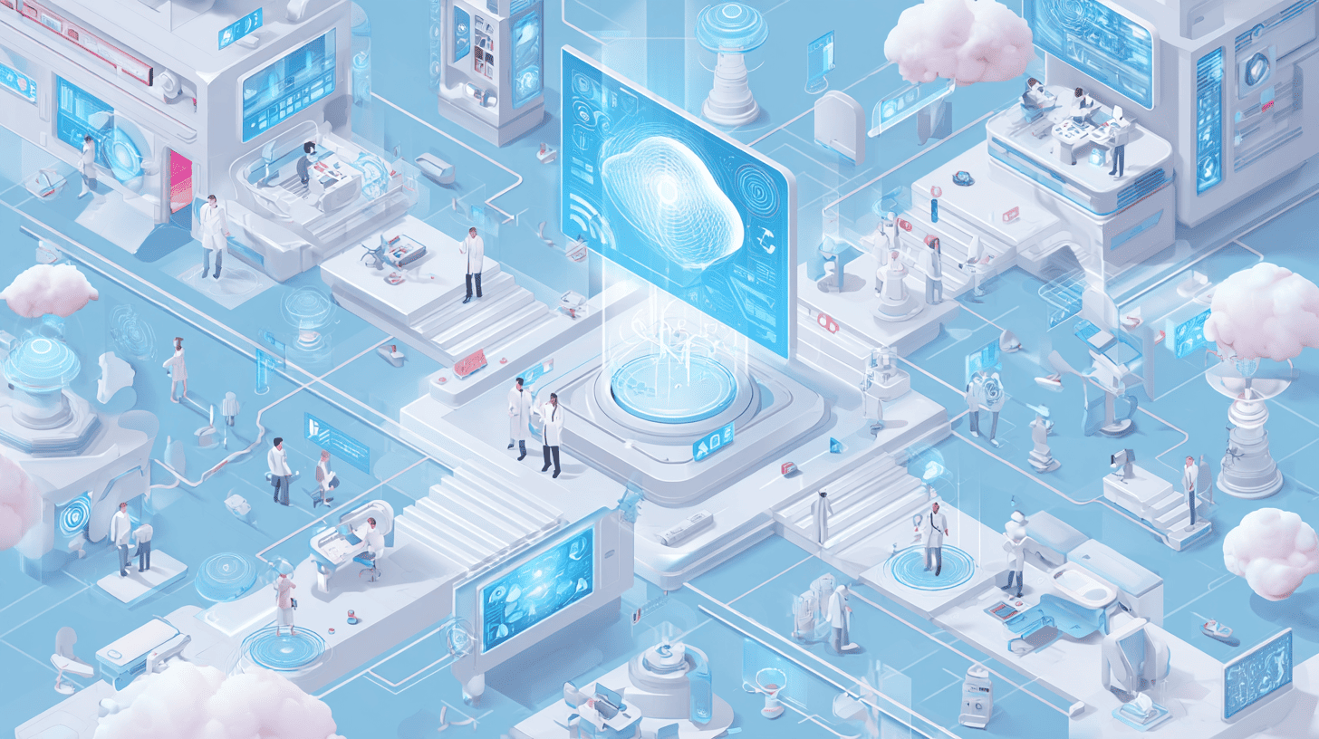 Doctors and patients connected through digital devices and cloud-based healthcare platforms.