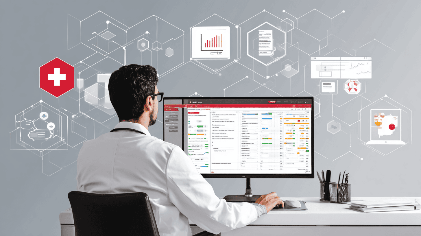 Close-up of a modern medical software dashboard showing patient data, analytics charts, and clean interface elements in blue and white tones on a computer screen.
