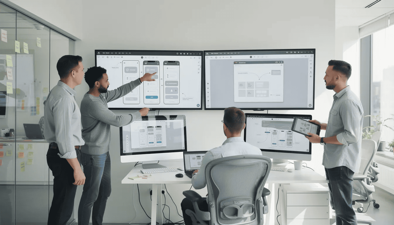 A group of UX designers is collaborating around large screens that display various interface wireframes, highlighting their focus on user experience and usability testing. This teamwork aims to identify critical usability issues and improve user satisfaction through actionable insights and user journey mapping.