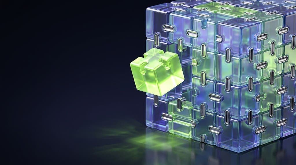 Interlocking glass blocks with one glowing block about to click into place, symbolizing engineers joining a client's team